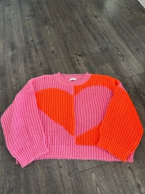 Pink Lily Pink & Orange Heart Chunky Knit Crewneck Sweater